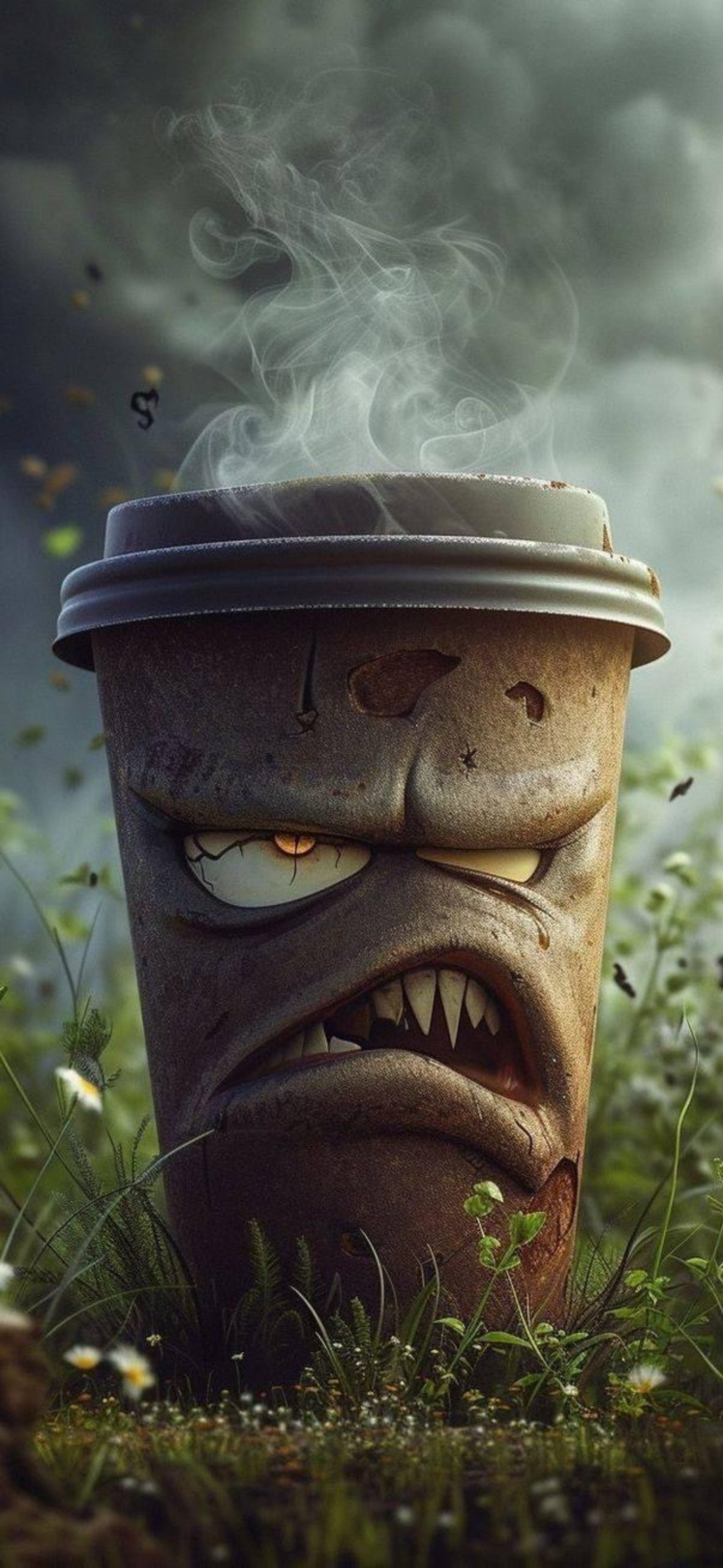 4K Mobile Wallpaper Download: Animated Coffee Cup with Menacing Face, Steam, on Green Natural Background; Fantasy Art Design.