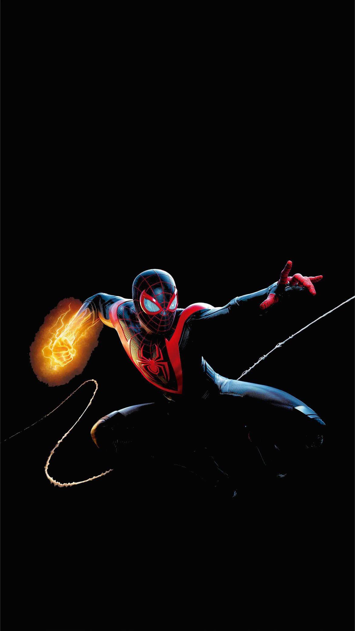 Dynamic Spider-Man in action against black background, energy from hand. Colors: black, orange, red. | UHD Wallpaper for Mobile